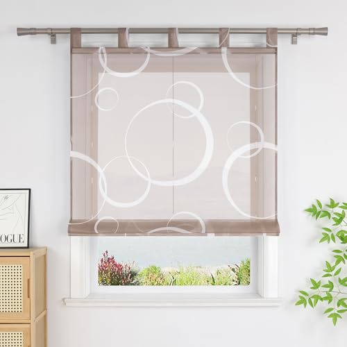 SCHOAL Raffrollo mit Schlaufen Voile Transparente Raffgardine Rollo mit Kreis 1 Stück BxH 80x150 cm Braun