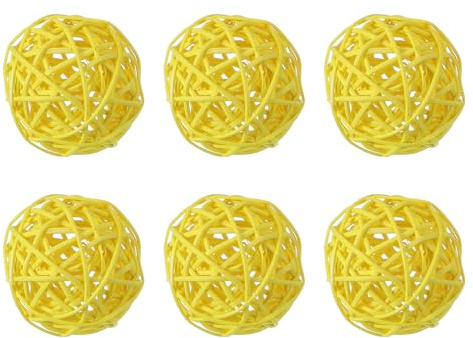 QUARKZMAN 6 Stück Rattan Deko Kugeln, 60 mm Dekokugel Wicker Rattan Ball Wellensittich Spielzeug Vogelspielzeug Hochzeitsfeier Mittelstücke Hausdekoration, Gelb