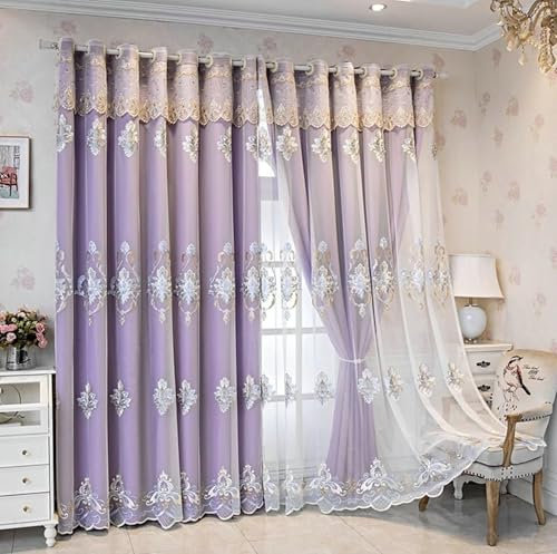 Homxi Vorhänge Blickdicht Jugendzimmer 2er Pack,2 x 137W x 244H cm,Gardinen Vorhänge Lila Doppelschicht mit Spitze Stickerei Muster Ösenvorhang Schlafzimmer
