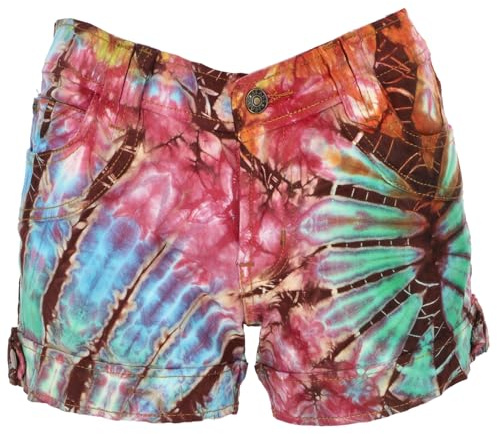 GURU SHOP Batik Jeans Shorts Unikat Damen Skinny Fit | 100% Baumwolle, handgebatikt, Ziernähte, Nieten, jedes Stück individuell, Farbverlauf variiert