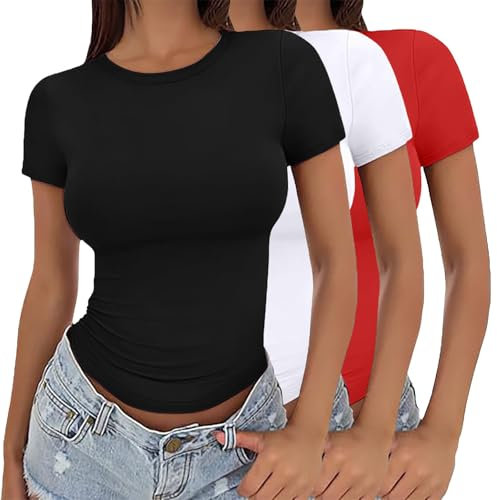 3 Pack Short Sleeve Tops For Women Uk 2025 Fashion Solid Color Crew Neck Shirt Summer Lightweight Slim Fit Y2K Basic Tops Soft Comfortable Double Lined Top Stretch Tight Crop Tee Pullover T-Shirts