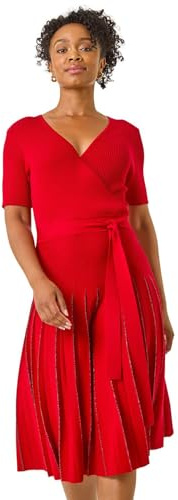 Roman Petite Tie Waist Knitted Dress for Women UK - Ladies Everyday Autumn Winter V-Neckline Comfy Soft Evening Vacation Work Party Night Out - Petite Red - Size 18