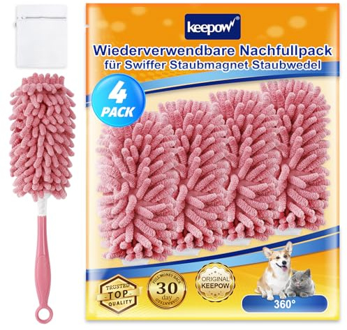 KEEPOW 4er Waschbar Tücher für Swiffer Staubmagnet Nachfüllpack | Saugfähige Tücher für Swiffer Staubmagnet Wiederverwendbar, 5× Reinigungskraft, 360° Duster Nachfüllpack, mit Waschbeutel