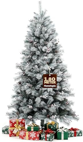 Hometopia Künstlicher Weihnachtsbaum 180 cm mit Schnee – Naturgetreu, Dichte Zweige, Christmas Tree mit Metallständer - Realistischer Tannenbaum Künstlich