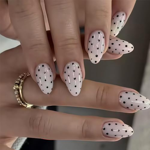 Zosutetoxo 24 stück Press On Nails Set: Mandelförmige Kunstnägel mit Schwarzweiß Punkte Design, Vollständiges Nagelset mit Nagelfeile und Klebepads