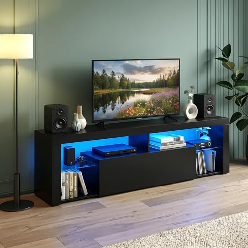 GOKHOMX TV Schrank Schwarz mit Beleuchtung, TV Lowboard 140 cm Lang mit Glasböden und Schublade, Fernsehschrank für Fernseher bis zu 55 Zoll, Fernsehtisch für Wohnzimmer Schlafzimmer, 140x35x50cm