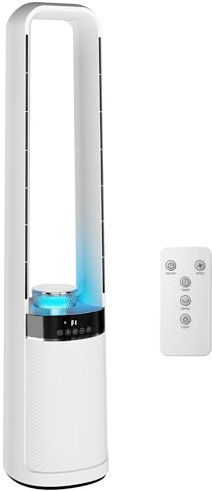 HOMCOM Ventilateur colonne silencieux 36dB, ventilateur tour pour chambre, 93,3cm de haut, oscillant à 45°, lumières LED, 3 vitesses, minuteur 12H, télécommande, blanc