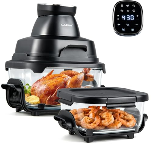 COSTWAY Air Fryer tragbar Glas Heißluftfritteuse 4 L/1,7 L, 6 in 1 Airfryer | Heißluftfrittieren & Backen, mit 2 abnehmbaren Glasbehälter & Deckel, spülmaschinengeeignet, 360°-Panorama-Ansicht (Schwarz)
