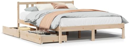 QJBSAVVA Massivholzbett 135x190 cm Kiefernholz - Bettgestell mit Lattenrost und 2 Schubladen, Holzbett Doppelbett für Schlafzimmer, Massivbett Stauraumbett Natur