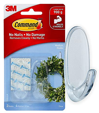 Command Medium Hook, Pack of 2 Hooks and 4 Adhesive Strips, Transparent - Damage Free Hanging - Holds up to 900g