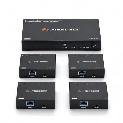 J-Tech Digital HDMI Extender Splitter 1x4 Over Single Cat5e/6 Ethernet Cable Up To 164ft. Supports PoC HDMI Loopout IR Control EDID Switch