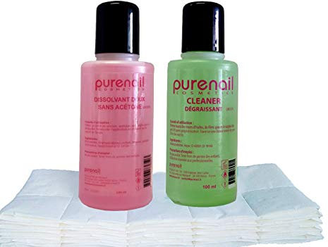 BeautyfulCenter | Purenail | KIT SOLVANT MINI POCKET Purenail avec 1 Cleaner Dégraissant 100 ml + 1 Dissolvant sans acétone100 ml + 100 carrés de cellulose pour Gel UV et Faux Ongles, Livraison Gratuite en France