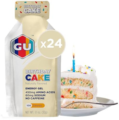 Energy Gels 24 Pack Birthday Cake Flavour - Running Gels Energy Triathlon Pre-Workout and Endurance Sports Gel with Carbohydrates Sodium Caffeine-Free Pouches Amino Acids Electrolyte Gel Fuel Gym Food