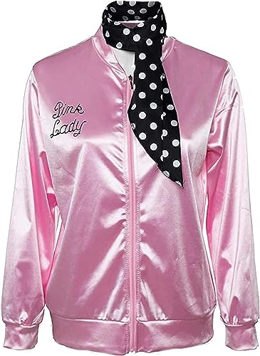 Women Ladies Costume 50s Sandy Pink Satin Jacket with Neck Scarf Halloween Costume Fancy Set,S