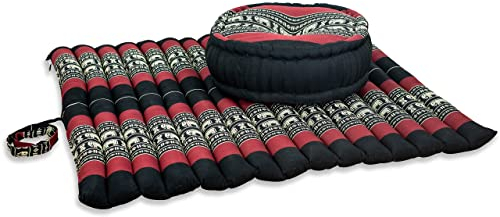 livasia Meditationsset XL - Ø 38x15cm / Matte 75x75x4,5cm - Yogaset mit Kissen und Matte, Pouf, Yogamatte und Yogakissen mit Kapok handgefertigt, Bodenkissen Outdoor, Zafukissen (Schwarz/Elefanten)