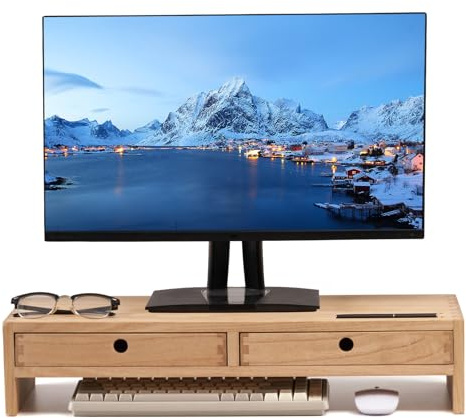 KIRIGEN Solid Wood Monitor Stand with 2 Drawers, Desk Riser, Natural PMJ-NA | Desktop Organizer with Cable Opening and Pen Slots Stores Office Supplies, Supports Up To 50 Lb and Arrives Fully Assembled.