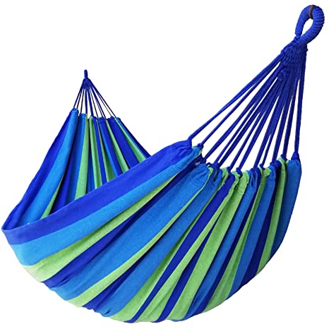 GOCAN Brasilianische Doppelhängematte 2 Personen Extra große Baumwollhängematte 250 x 160 cm, Gesamtlänge 350 cm, Ladung 300 kg. Tragbar für Garten Garten drinnen und draußen(blau/grün XXXL)