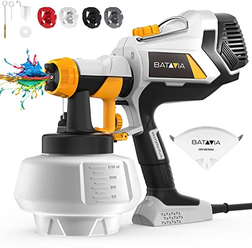 Batavia BSG0082 Pistolet à peinture électrique HVLP 700 W, 1200 ml, 4 buses, 3 motifs, pistolet à peinture pour peinture de maison, intérieur et extérieur, moteur à grande vitesse