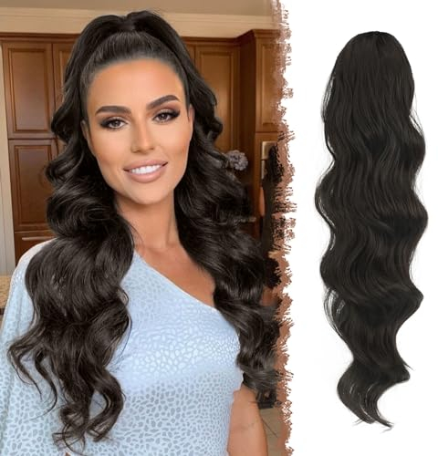 FESHFEN Pferdeschwanz Haarteil Haarverlängerung mit Kordelzug Pferdeschwanz Verlängerung Synthetik Wellig Locken Haarteil Natürliches Schwarz Ponytail Extension für Frauen 60cm