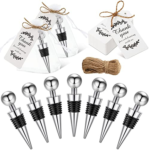 49 Pcs Wedding Favors 16 Sliver Wine Stopper 16 White Sheer Organza Bags 16 Thank You Labels for Wedding Gift with Hemp Rope for Guest Bridal Shower Engagement Souvenir Party Decorations Supplies