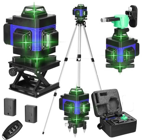 Geevorks Nivel Láser Autonivelante 3°,4D 16 Líneas Laser Nivel Verde 2 Batería Recargable,Base de Rotación y Soporte Montado,Control Remoto y Control Móvil (Azul, con Trípode)