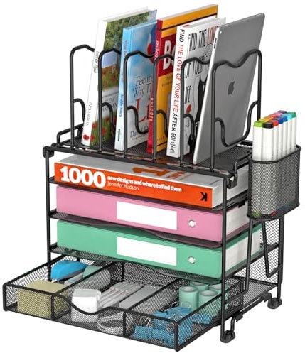 BOHDK Netz-Schreibtisch-Organizer, 3-in-1-Desktop-Organizer mit 4-stufiger Ablage und 5 aufrechten Abschnitten, Akten-Organizer für Schreibtisch mit ausziehbarer Schublade, Schwarz