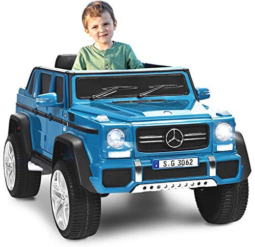 GYMAX Kids Ride on Car, 12V Battery Powered Licensed Mercedes Benz Toy Car with Remote Control, Music, Story, USB/TF Slot, Storage Box & Safety Belt, Children Electric Truck for 3-8 Years Old (Navy)