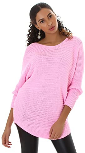 Jela London Damen Oversize Strick-Pullover U-Boot Ausschnitt, Rosa