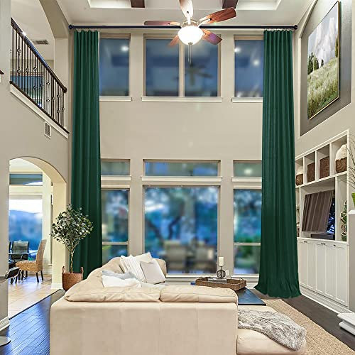 Mrs.Naturall Leinen-Vorhänge mit Schlaufen, 308 cm Länge, für Wohnzimmer, 30,5 cm hoch, extra lang, dunkelgrün, halbtransparent, Fenstervorhänge für Terrasse, hohe Decke, Balkon, Set 2 Paneele