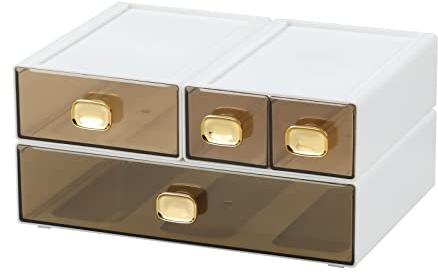 OSteed Office Desk Organiser Drawers, Stackable Desktop Storage Drawer, Plastic A4 Drawer Organiser, Stationery Storage Unit, Letter Box, Countertop Tabletop Toiletry Storage Drawers, 4 Mixed White