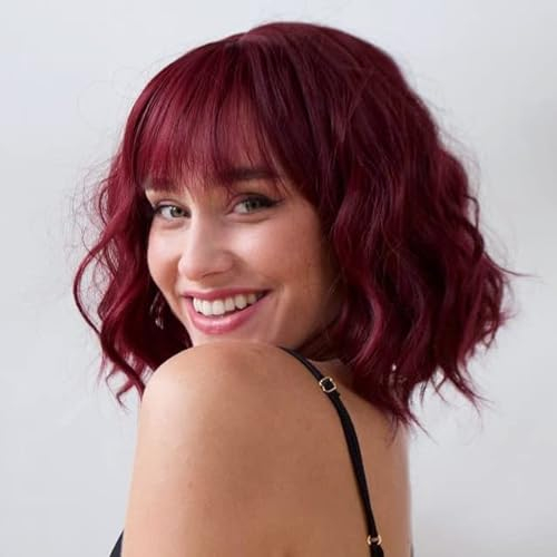 PORSMEER Kurze Bob Perücke mit Pony für Frauen Natürliches perücke Rot Damen Synthetisches Haar Bunt Täglich Party Halloween Cosplay Gewellte Lockige Perücken