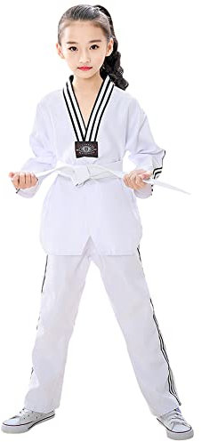 L SERVER Kimono Karaté Enfant Garçon Confortable Professionnel Kimono Judo Fille Col en V Tenue de Taekwondo avec Ceinture, Blanc B, 120