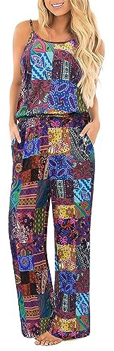 OUGES Damen Sommer Ärmellos Jumpsuit Blumen Overall Lang Hosenanzug Casual Playsuit Romper mit Taschen(FLoral08,L)