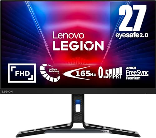 Lenovo Legion R27i-30 EyeSafe - Monitor da gioco da 27 (FHD, IPS, 165 Hz, MPRT 0,5 ms, HDMI + DP, cavi DP, FreeSync Premium, altoparlanti), regolazione inclinazione, altezza, rotazione, rotazione