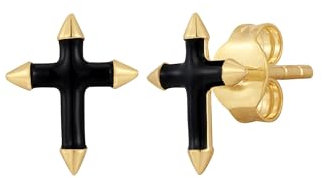 Glanzstücke München Damen Ohrstecker aus 925/- Sterling Silber gelbvergoldet 14 Karat mit Emaille schwarz Kreuz Silberohrstecker