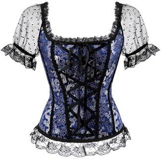 OMZIN Women's Corset Top Renaissance Princess Corset Lace Elegant Vintage Top Ruched Sleeves Lightweight Top Blue 6XL