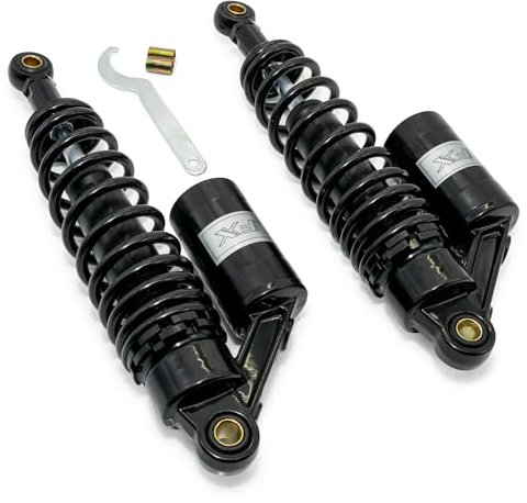 Tuning-Federbeine Maxtuned 325-355mm, mit externen Ausgleichsbehälter, schwarz/silber für Simson S50, S51, S70 Stoßdämpfer