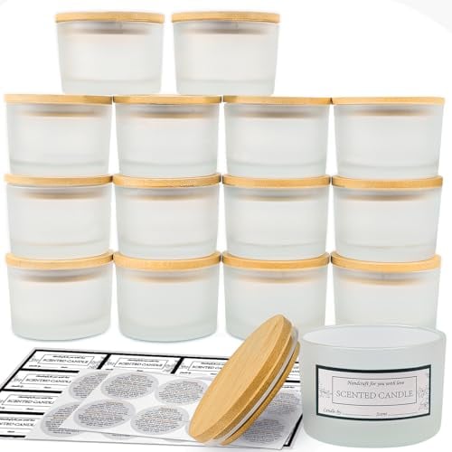 CONNOO 15er Pack 4 OZ Frostige Glas-Kerzengläser mit luftdichten Bambusdeckeln zum Kerzenmachen, kleine, weithalsige, leere Kerzengläser im Großpack mit haftenden Warnetiketten - spülmaschinenfest