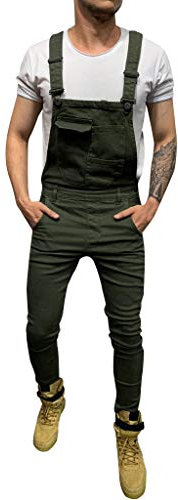 Gefomuofe Tuta da uomo in denim, corta, pantaloni da lavoro con materiale elasticizzato, da uomo, in denim, con bretelle e tasche multiple, D verde militare., L