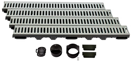 ScarMaxx - A15 Entwässerungsrinne Set - Bodenrinne - Regenwasser-Ablauf - Abfluss mit Gitter - Drainagekanal - Flach - Kunststoff - Bauhöhe 60mm - mit Stegrost Stahl Verzinkt - 4m