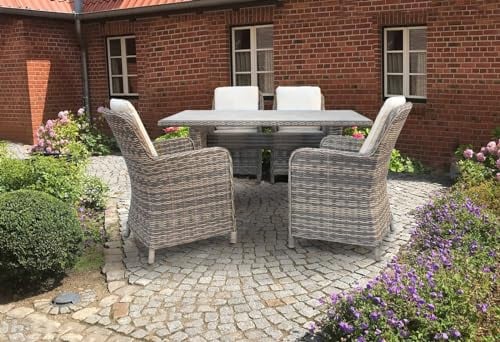 BELLAVISTA Dining-Lounge Ria - Rattan Loungeset - Esstisch mit Sicherheitsglasplatte - Polyrattangeflecht - grau - pulverbeschichteter Stahlrahmen - inkl. Sitz- und Rückenkissen - waschbare Bezüge