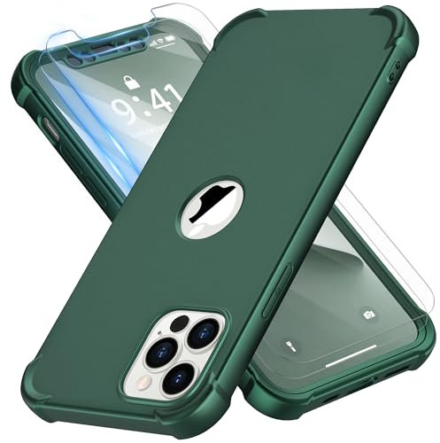 ORETECH Coque pour iPhone 12 Pro Max + 2 Pièces Verre Trempé Protection écran, 2 en 1 Antichoc Souple Silicone TPU Arrière Rigide PC Avant Housse de Protection pour iPhone 12 Pro Max 6,7 Vert