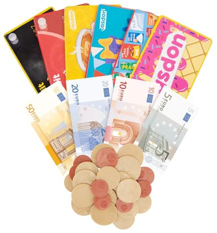 Set de cartes et d’argent factices Casdon (€), Ensemble de paiement complet, Avec 80 billets et 40 pièces, Parfait pour les enfants dès 3 ans