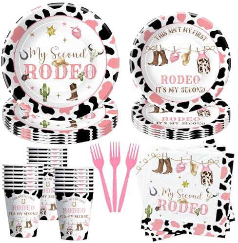 Suhelkit Pink Rodeo 2nd Birthday Party Plate, Napkins, Cup and Cutlery Set