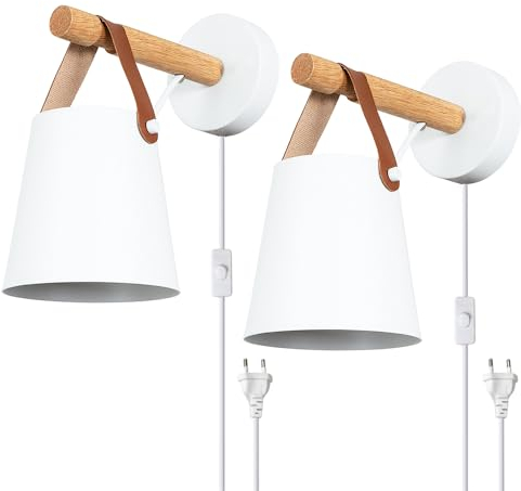 ELINKUME Wandleuchte mit Schalter und Stecker,Moderne Dekorative LED-Wandlampe aus Holz und Leder,E27 Runde Eimer Loft-Stil Wandleuchten mit Hölzernen Halterung Für Schlafzimmer,Flure,2er-Pack(weiß)