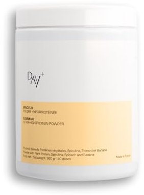 DAY+ | Poudre Hyperprotéinée | Régule l’appétit & Détoxifie l’organisme | Riche en fibres et protéines | Sous forme de green smoothie | Sans sucres | Spiruline Bio & Graines de Chia | 360 gr – 30 dose