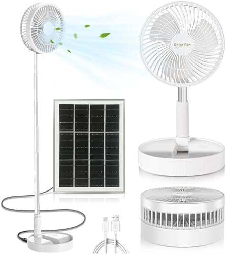 Solar Power Fan, Standing Fan with Portable Solar Panel Rechargeable Foldable Desk Fan Battery Operated Pedestal 3 Speeds Quiet Height Adjustable Floor Fan for Home, Bedroom, Travel