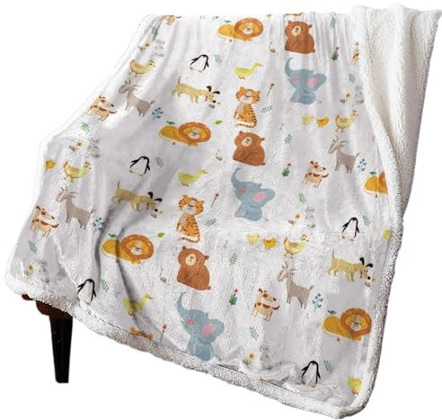 FCMWLKEJI Sherpa-Decke mit Cartoon-Tiermotiv, Tiger, Löwe, Elefant, Zoo, Winter, warm, weich, Überwurfdecken für Bett, Sofa, Wolldecke