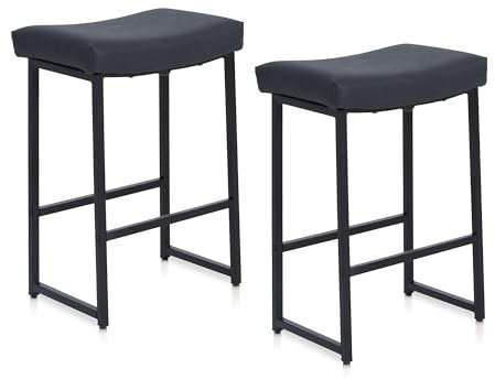 ALPHA HOME Barhocker 2er Set Küchenhocker Sattelhocker Pu-Leder Barstuhl 2er Set mit Fußstütze für Küchentheke Stabiler Metallstahlrahmen, Schwarz