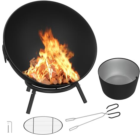FIVMEN Brasero de 62 cm pour le jardin avec grille et pince à charbon en métal pour barbecue, feu de jardin, barbecue, camping